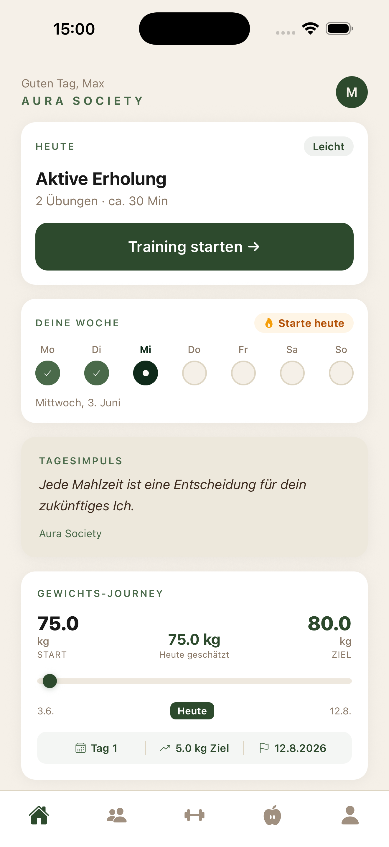 Aura Society App, Dashboard mit Training, Wochenübersicht und Gewichts-Journey